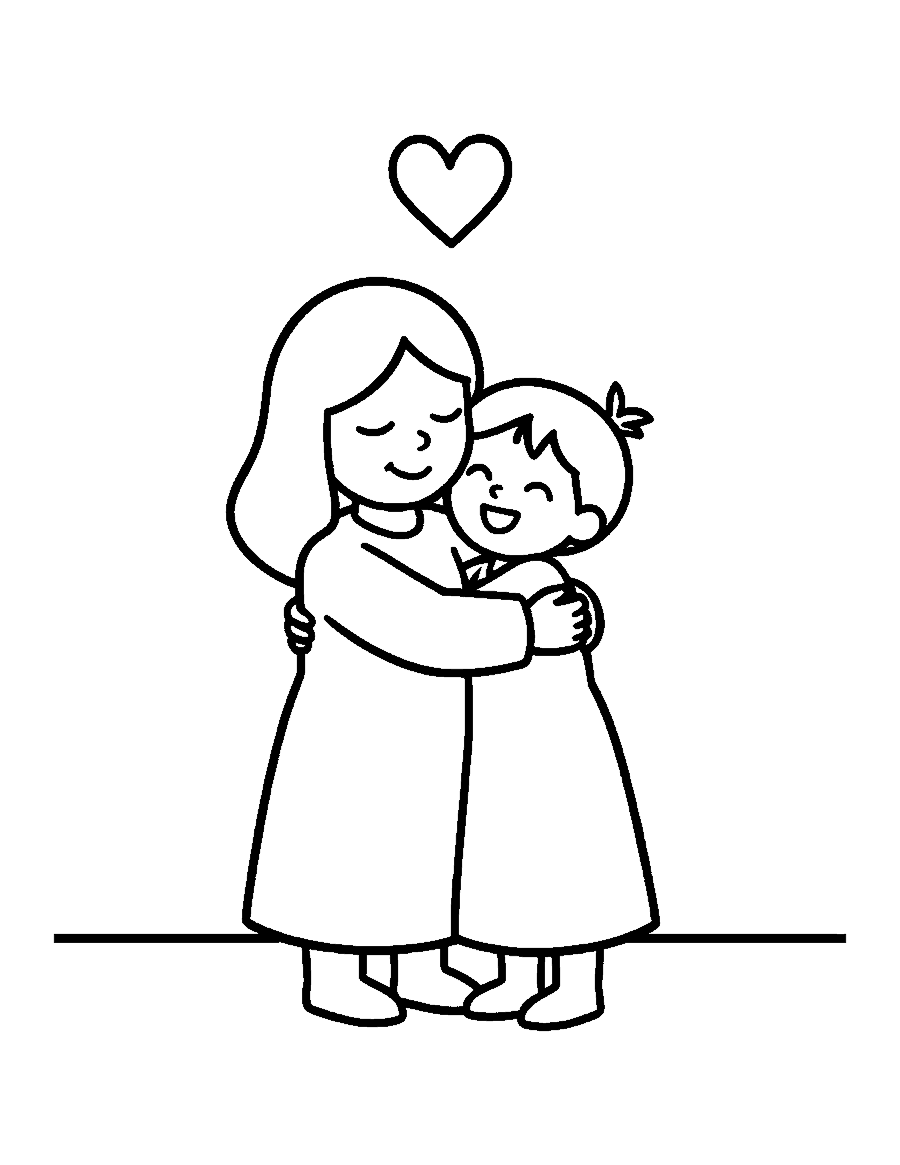Line drawing of a mother and young child hugging with a heart above them