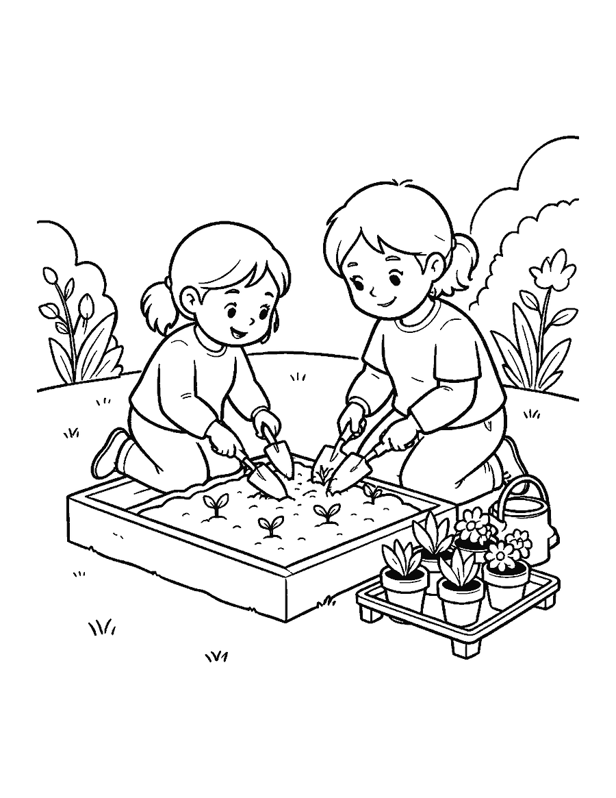 Line drawing of a mother and child planting seedlings in a garden bed