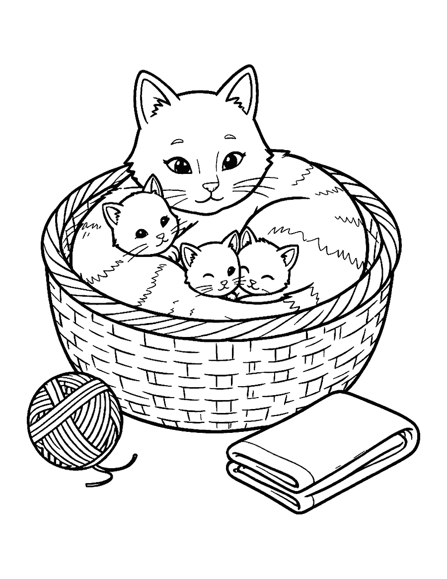 Line drawing of a mother cat in a basket with three snuggling kittens