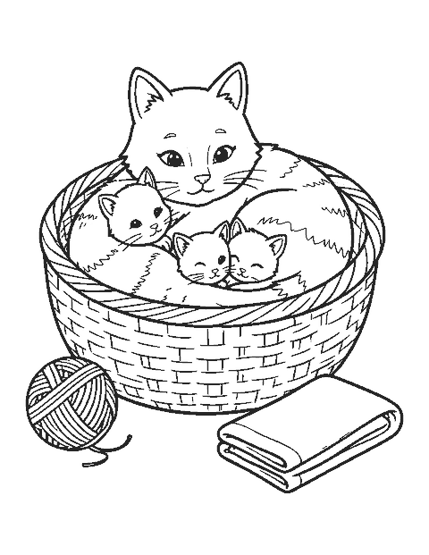 Line drawing of a mother cat in a basket with three snuggling kittens
