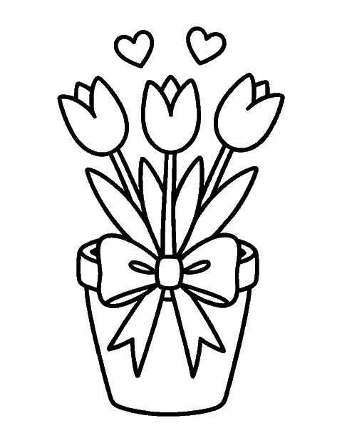 Line drawing of a flower pot with three tulips and a big ribbon bow