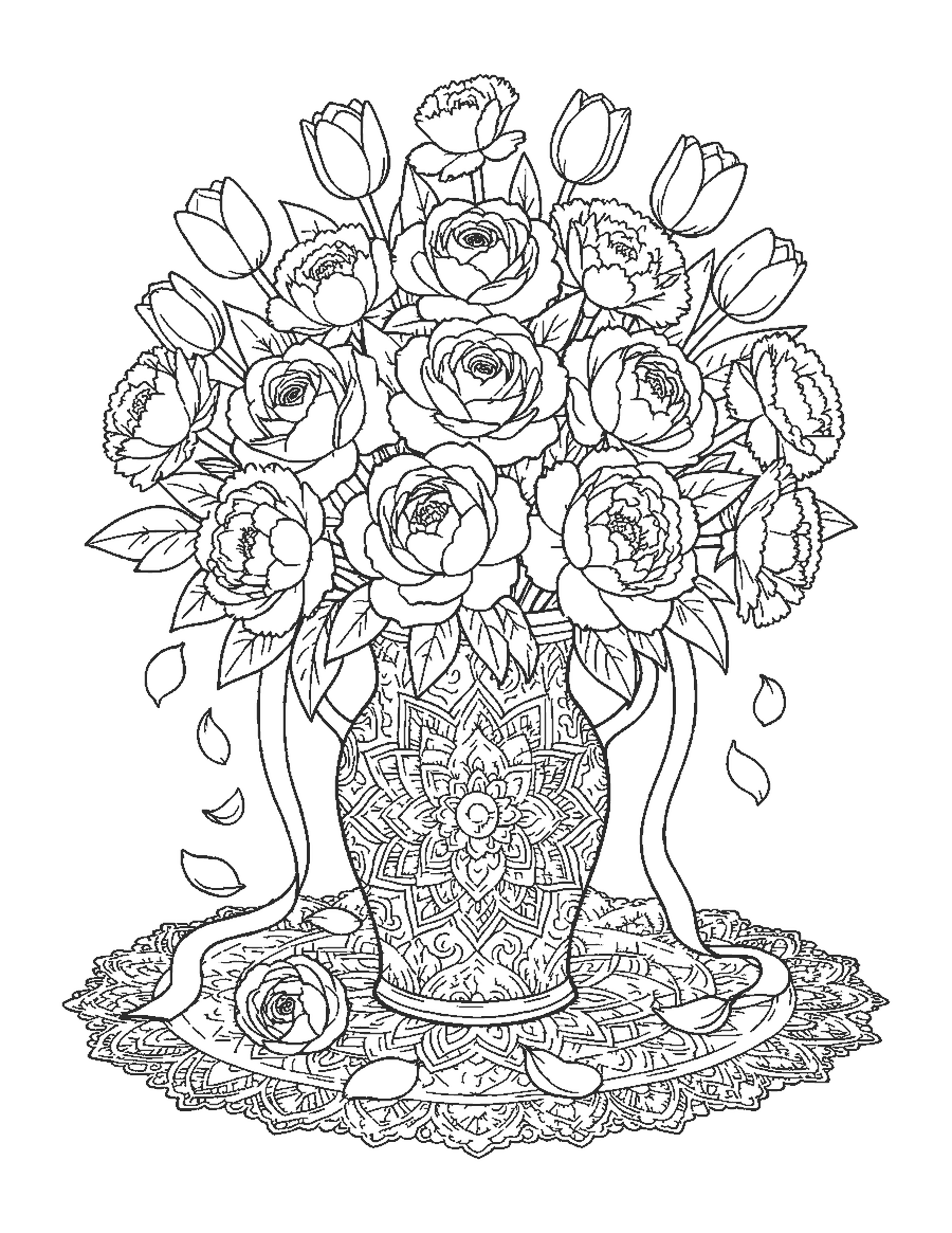 Line drawing of a large flower bouquet in a vase covered with mandala patterns