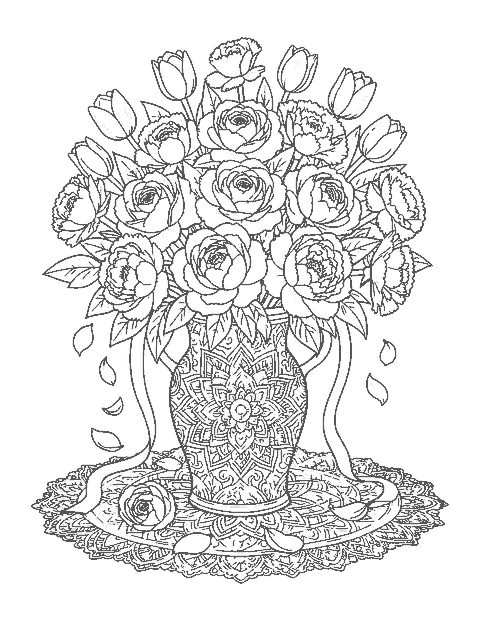 Line drawing of a large flower bouquet in a vase covered with mandala patterns