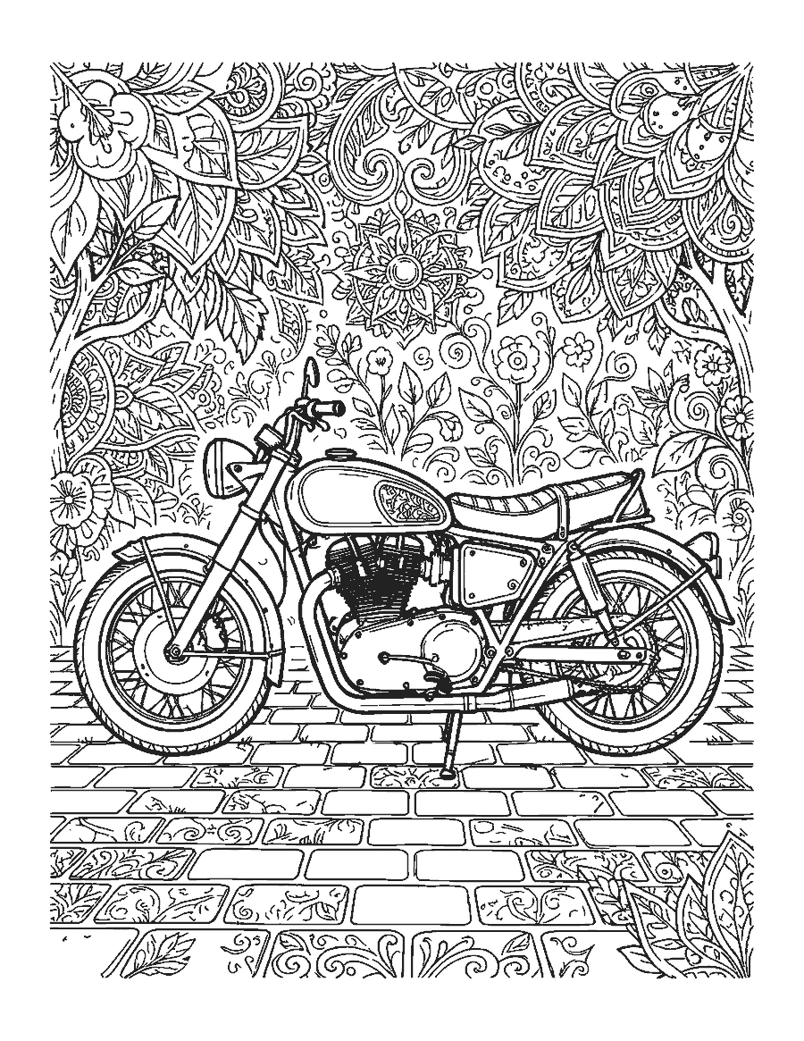 Line drawing of a detailed classic motorcycle with chrome pipes and spoked wheels