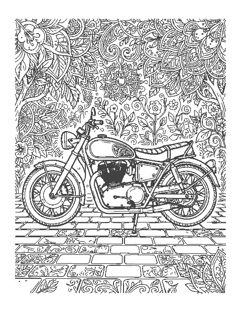 Line drawing of a detailed classic motorcycle with chrome pipes and spoked wheels