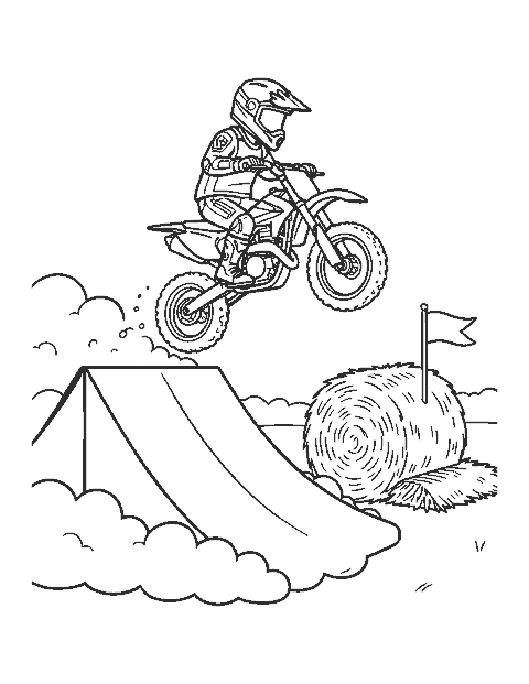 Line drawing of a helmeted rider jumping a dirt bike off a ramp beside a hay bale