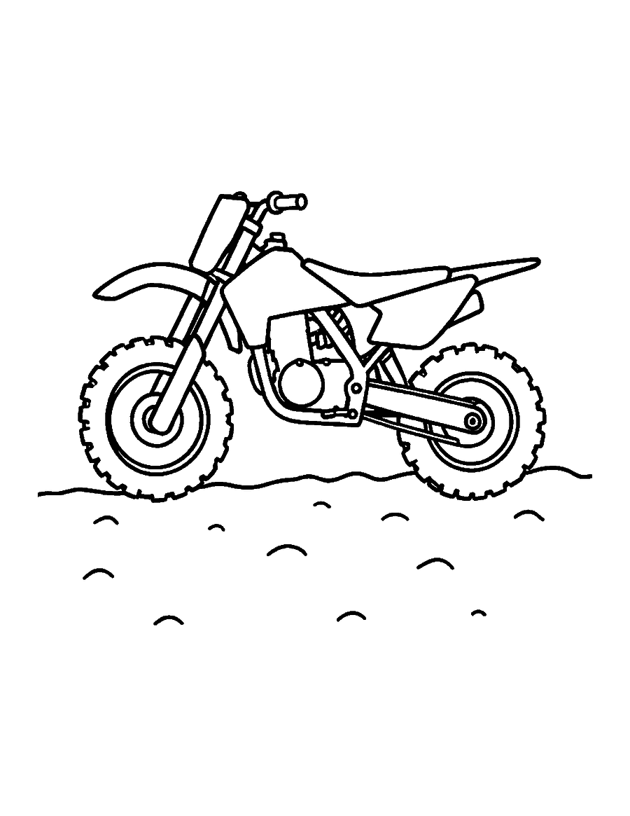 Line drawing of a dirt bike with knobby tires and tall suspension
