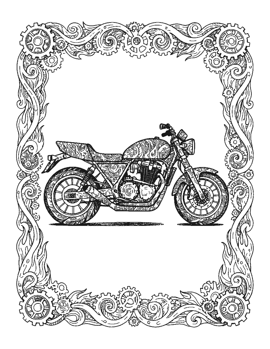 Line drawing of a doodle motorcycle inside a border of gears and flames