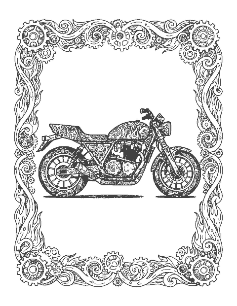 Line drawing of a doodle motorcycle inside a border of gears and flames