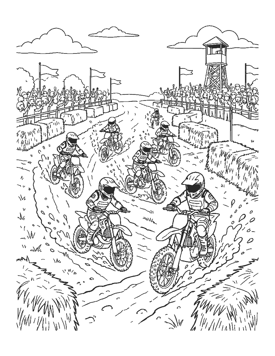 Line drawing of dirt bike riders racing over hills on a motocross track with a crowd