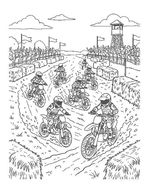 Line drawing of dirt bike riders racing over hills on a motocross track with a crowd
