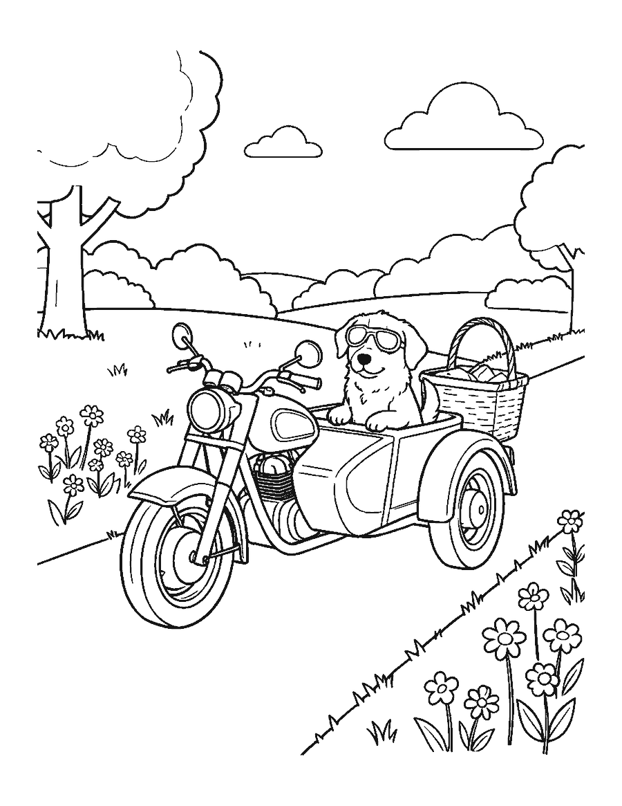 Line drawing of a motorcycle with a sidecar holding a dog in goggles on a country lane