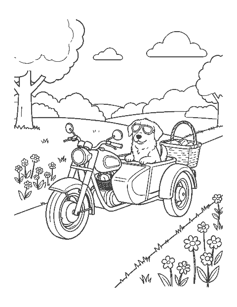 Line drawing of a motorcycle with a sidecar holding a dog in goggles on a country lane