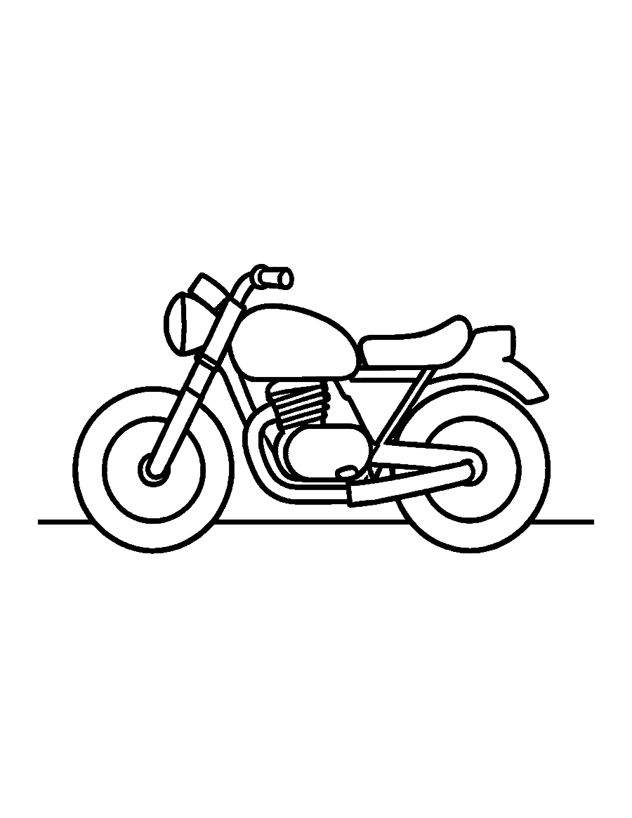 Line drawing of a motorcycle seen from the side with big round wheels and a headlight