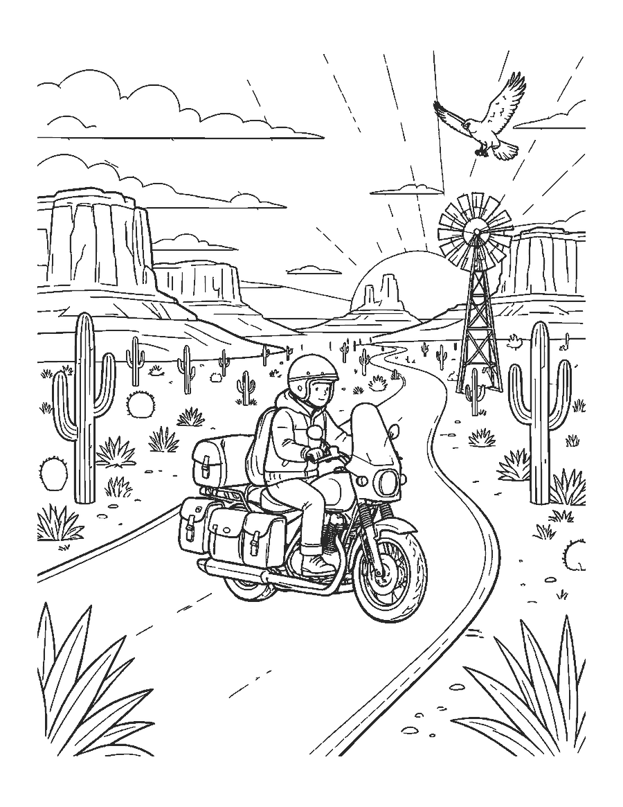 Line drawing of a rider on a touring motorcycle on a desert road past red rock buttes