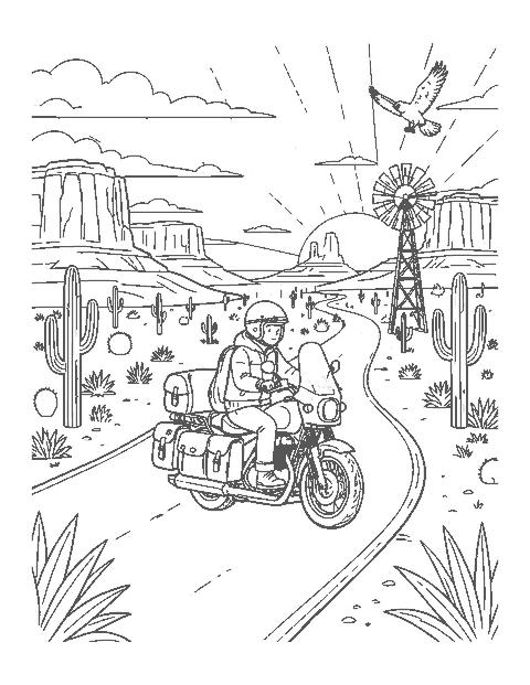 Line drawing of a rider on a touring motorcycle on a desert road past red rock buttes