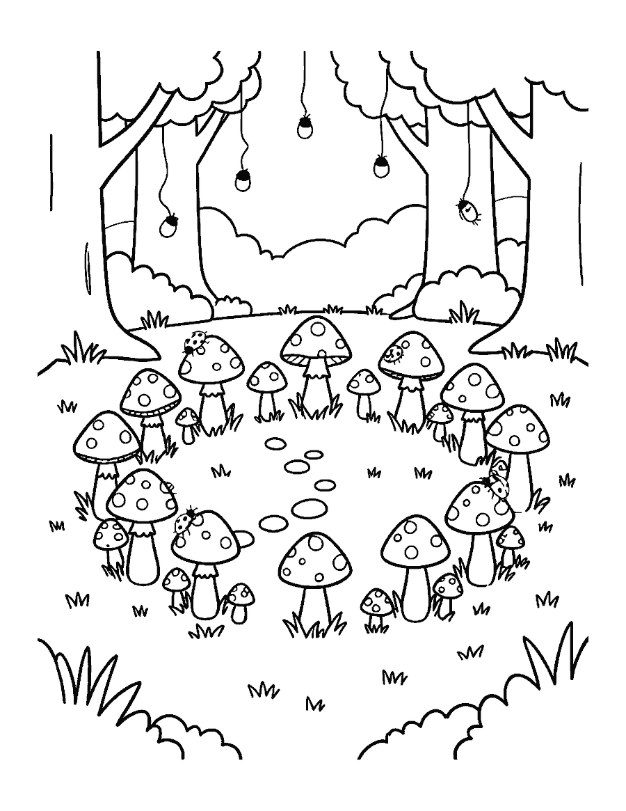 Line drawing of a ring of small mushrooms in a grassy clearing with fireflies and a ladybug