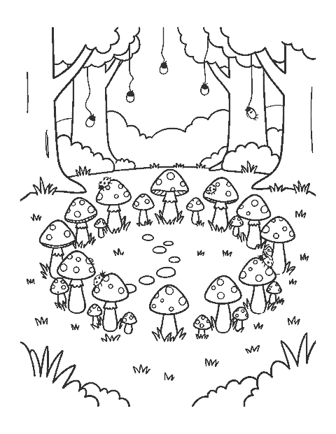 Line drawing of a ring of small mushrooms in a grassy clearing with fireflies and a ladybug