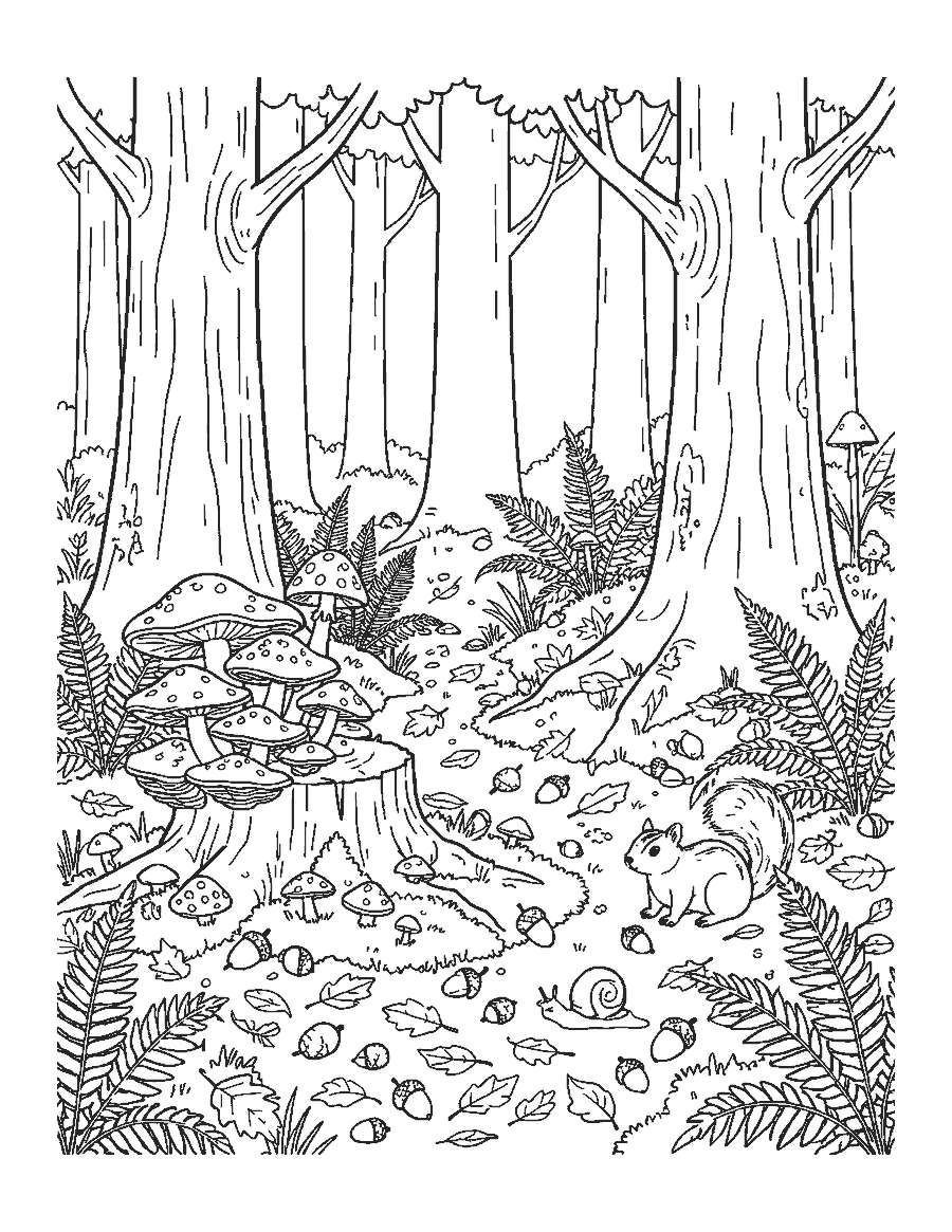 Line drawing of a forest floor with many mushrooms, shelf fungi, ferns, a snail and a chipmunk