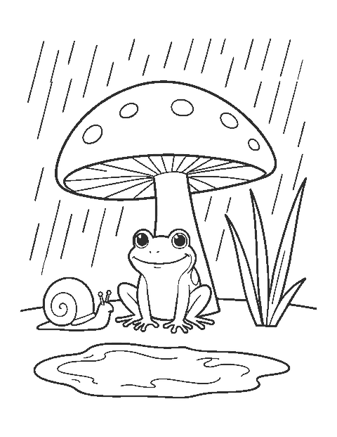 Line drawing of a frog sheltering from the rain under a large toadstool cap