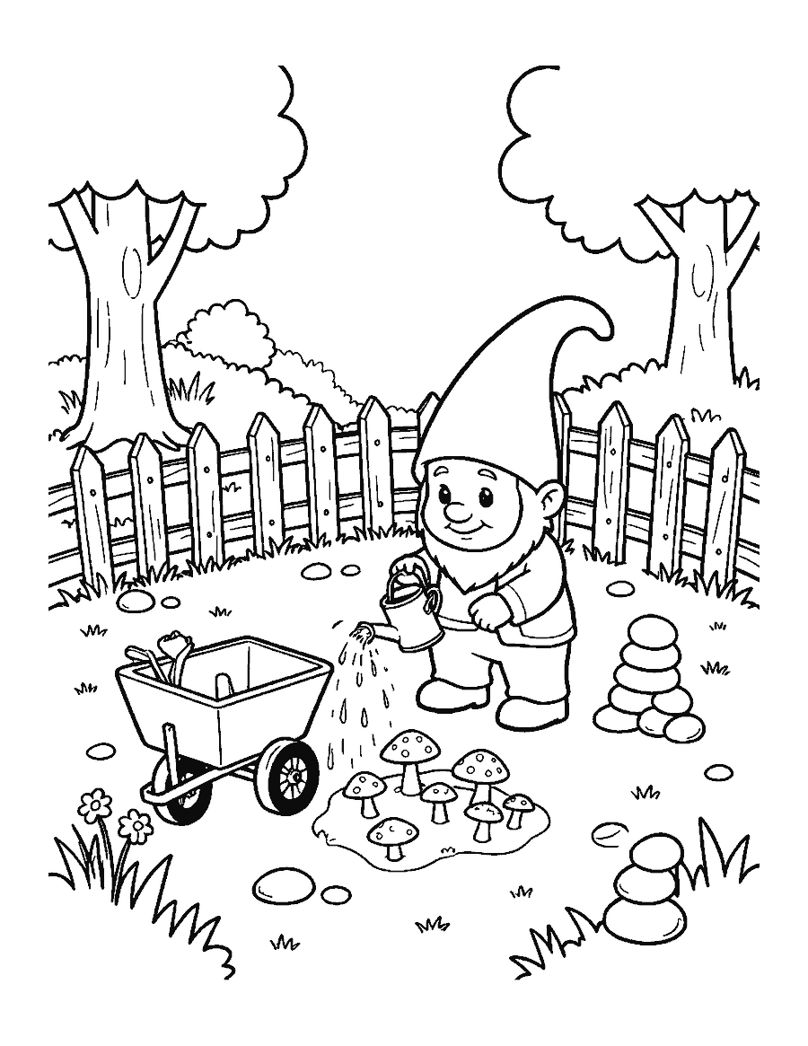 Line drawing of a friendly gnome watering mushrooms beside a wheelbarrow and small fence