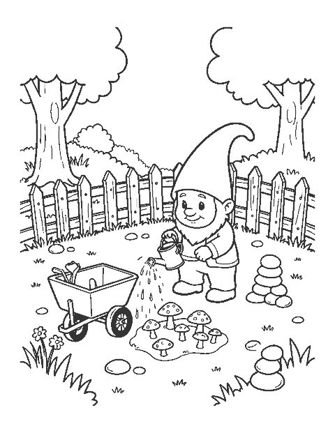 Line drawing of a friendly gnome watering mushrooms beside a wheelbarrow and small fence