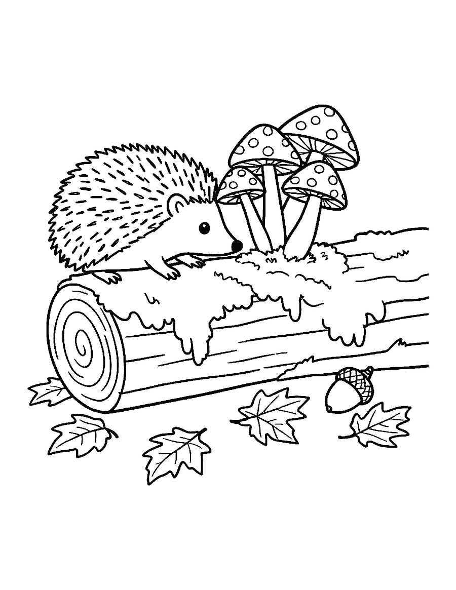 Line drawing of a hedgehog sniffing three spotted mushrooms on a mossy log