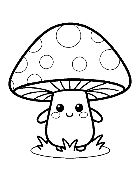Line drawing of a chubby kawaii mushroom with a spotted cap and a smiling face