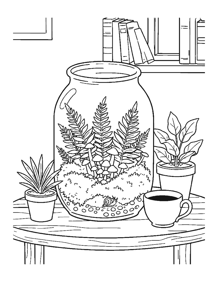 Line drawing of a glass jar terrarium with moss, ferns, mushrooms and a snail on a table