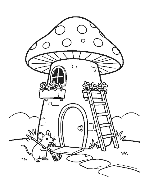 Line drawing of a mouse sweeping the doorstep of a tall mushroom house with a ladder