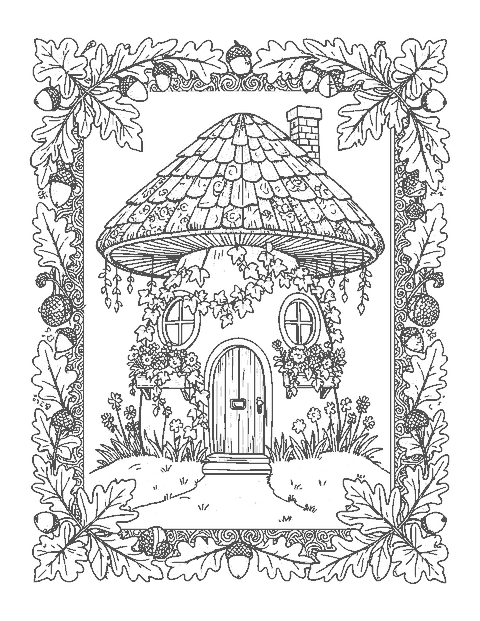 Line drawing of a giant mushroom cottage inside a border of oak leaves and acorns