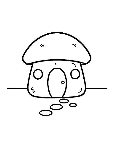 Line drawing of a mushroom-shaped house with a round door and two round windows