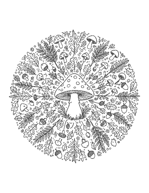 Line drawing of a round mandala of mushrooms, oak leaves, acorns and ferns