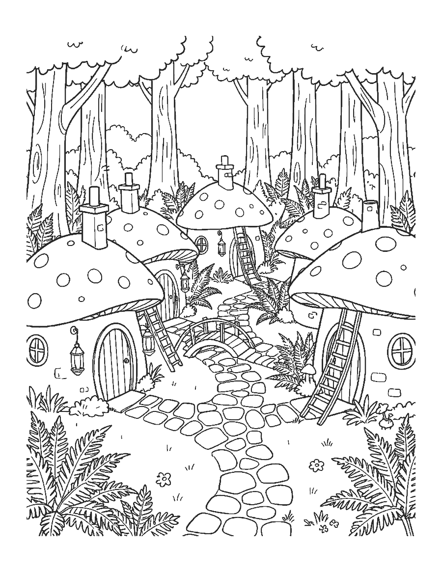Line drawing of a forest village of mushroom houses with ladders, lanterns and bridges