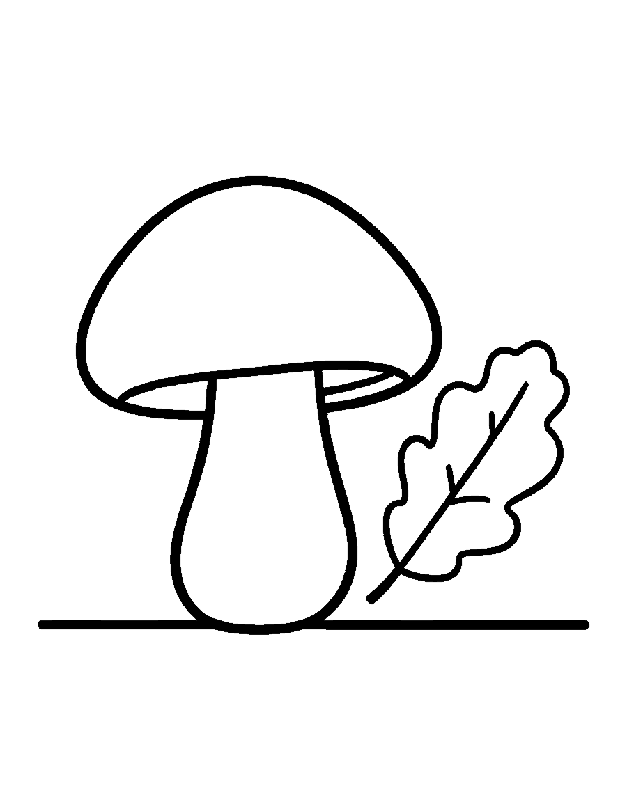 Line drawing of one plump mushroom with an oak leaf drifting down beside it