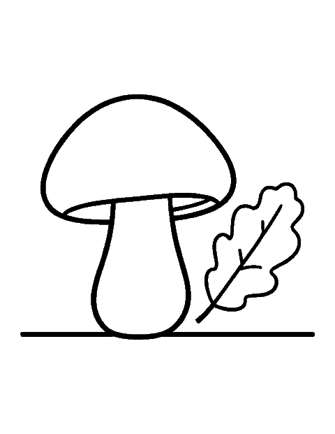 Line drawing of one plump mushroom with an oak leaf drifting down beside it