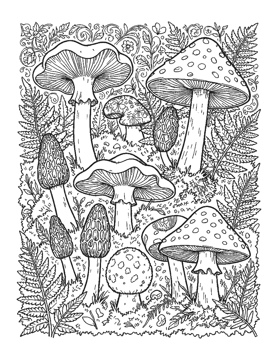 Line drawing of chanterelle, morel, oyster, puffball and fly agaric mushrooms with moss