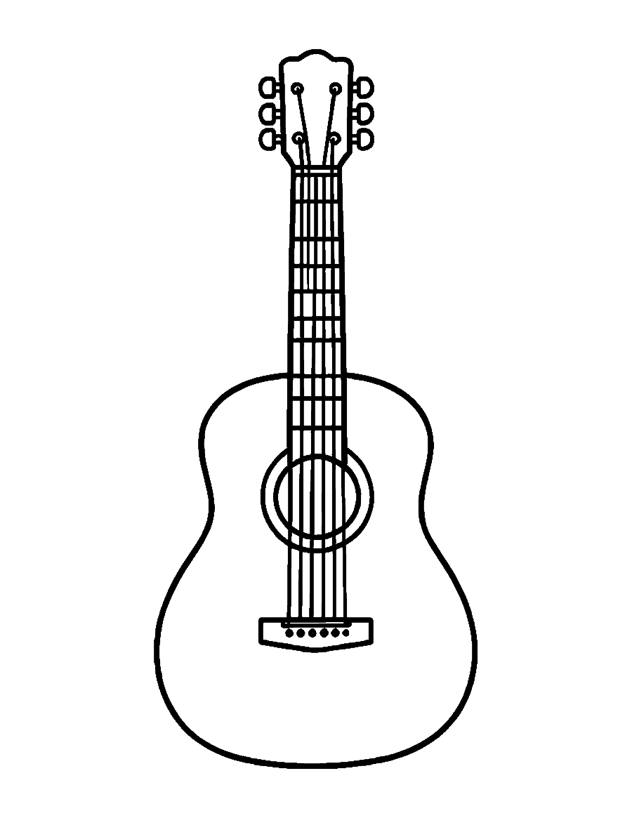 Line drawing of an acoustic guitar with a round sound hole and six strings