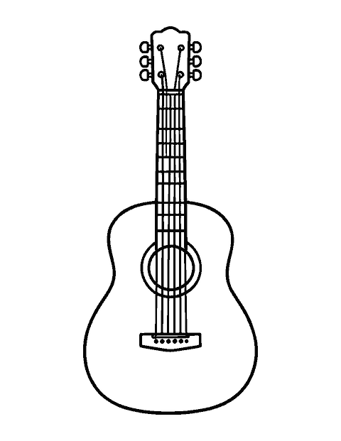 Line drawing of an acoustic guitar with a round sound hole and six strings
