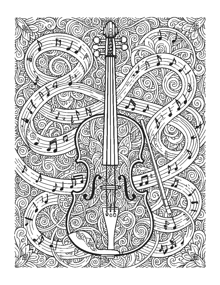 Line drawing of a violin filled with doodle patterns surrounded by swirling notes