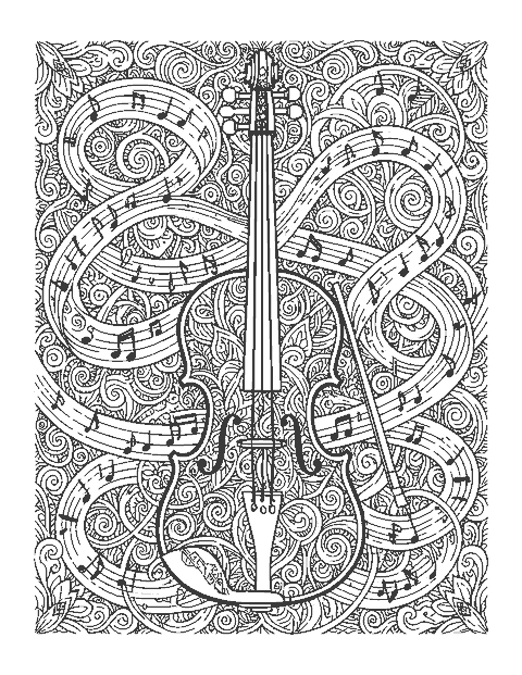 Line drawing of a violin filled with doodle patterns surrounded by swirling notes