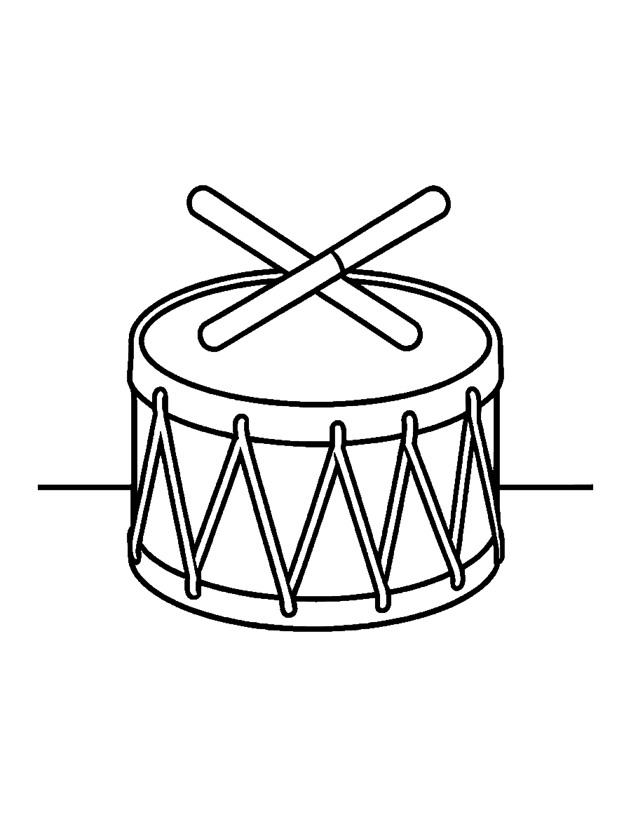 Line drawing of a round drum with zigzag cords and two crossed drumsticks
