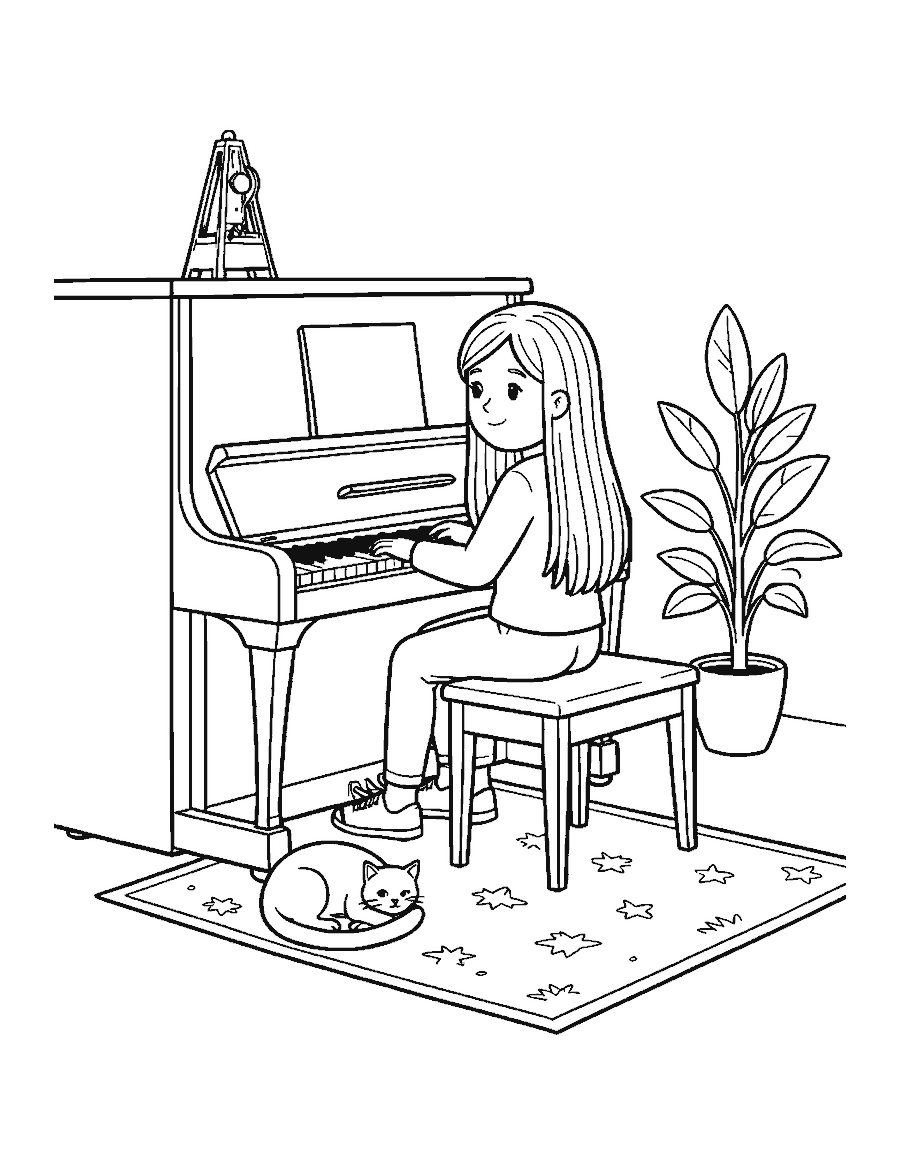Line drawing of a girl playing an upright piano with a cat curled on the rug
