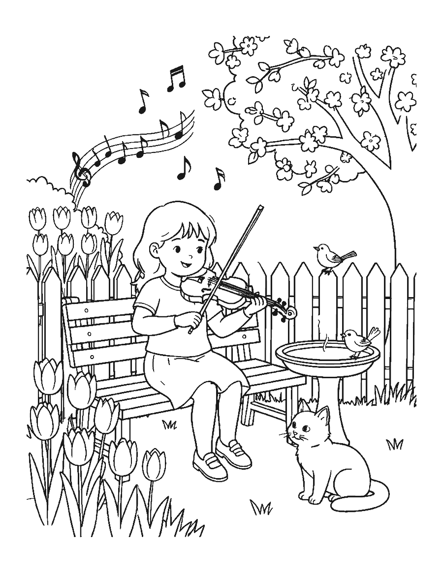 Line drawing of a girl playing the violin on a garden bench among tulips and blossoms