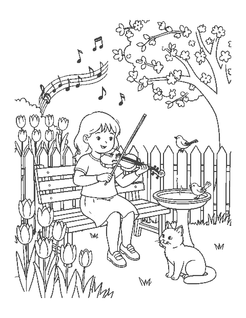 Line drawing of a girl playing the violin on a garden bench among tulips and blossoms