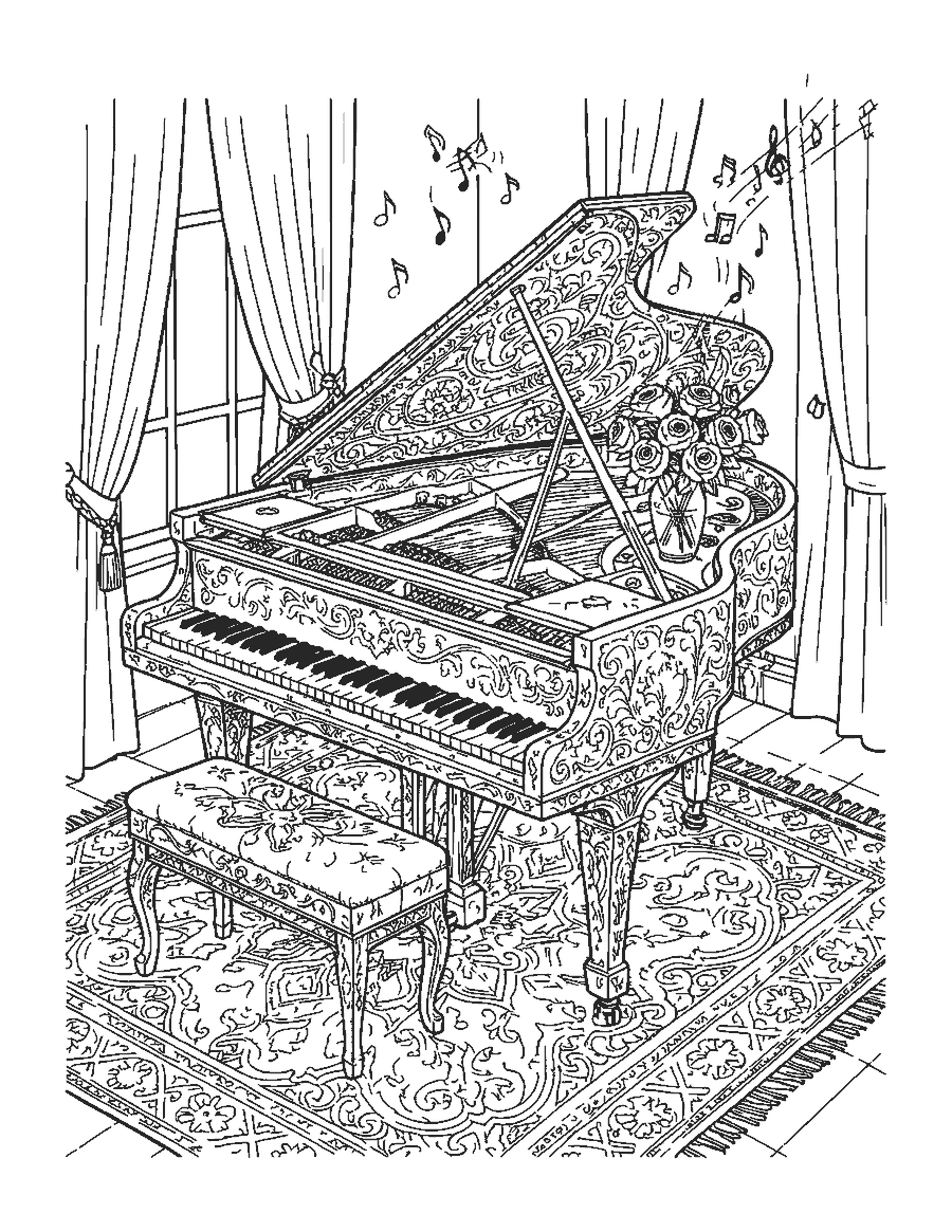 Line drawing of a grand piano with its lid open, a carved bench and a vase of roses