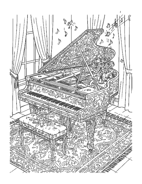 Line drawing of a grand piano with its lid open, a carved bench and a vase of roses