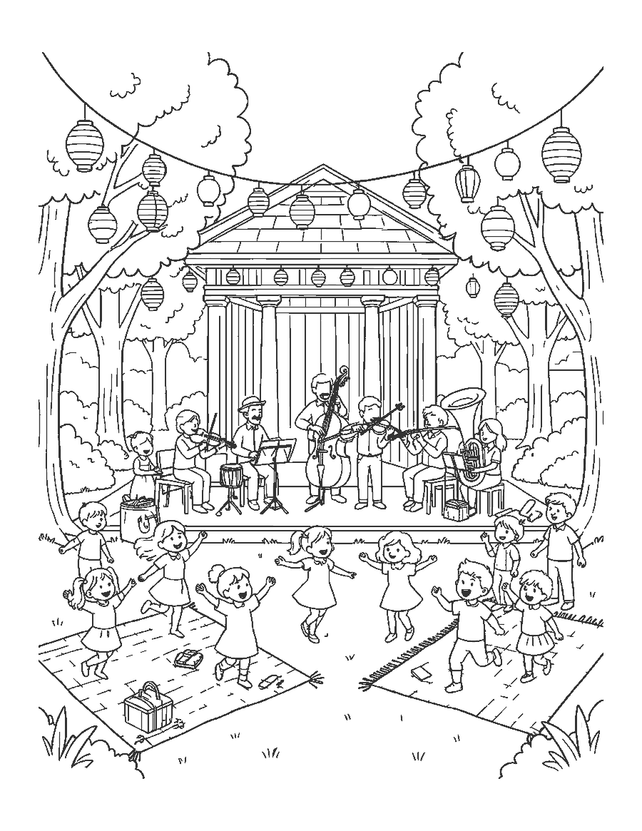 Line drawing of musicians playing at a park bandshell while families picnic and dance