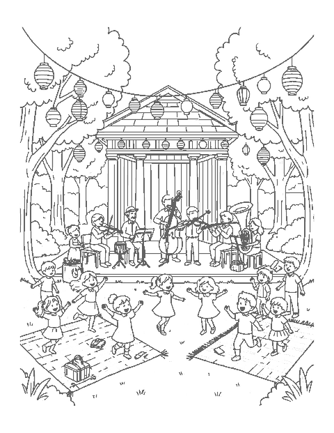 Line drawing of musicians playing at a park bandshell while families picnic and dance