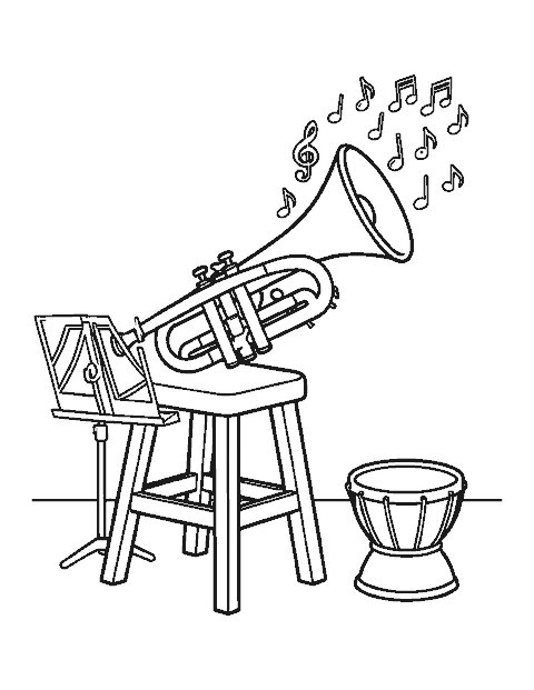 Line drawing of a trumpet on a stool with music notes floating out of its bell